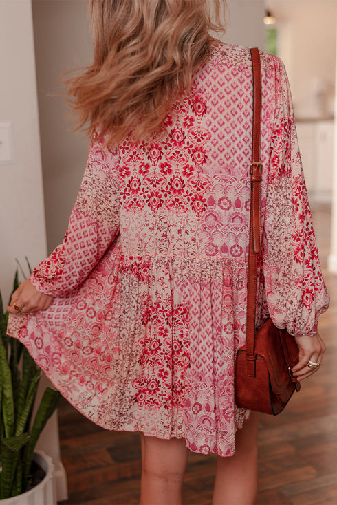 Bohemian Mixed Floral Print Tassel Tie Flowy Mini Dress